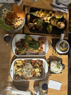 vegan lomo saltado, mushroom ceviche, starter sampler, pumpkin soupp  at Green Point in Cusco