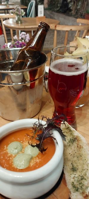 Cream of tomato soup and home brewed blueberry cider at Green Point in Cusco