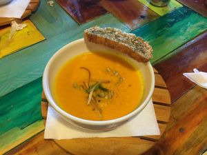 Carrot soup with sunflower seeds and leeks. at Green Point in Cusco