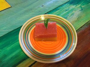 strawberry and mango dessert  at Green Point in Cusco