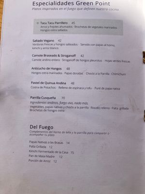 Other page of menu at Green Point in Cusco