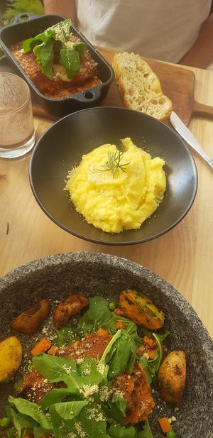 Quinoa pie, side of mash and the lasagna at Green Point in Cusco