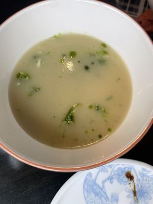 Leek and potato soup—they pour the soup into a bowl with just the “dry” ingredients   at Elora Mill Restaurant in Elora