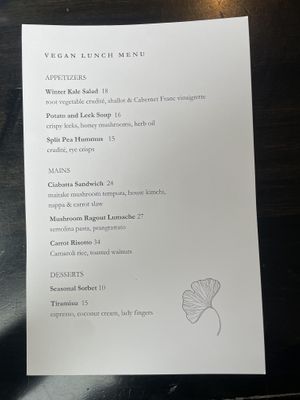 Vegan lunch menu  at Elora Mill Restaurant in Elora