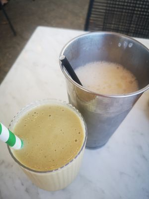 Mango Magic Smoothie & Caramel Veganshake at 2 Pugs Coffee & Kitchen in Meadow Springs