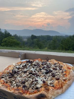 Vegan pizza (to-go) at Flatbread Company in North Conway