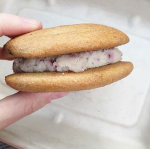 a warm vegan lemon blueberry whoopie pie for dessert!  at Flatbread Company in North Conway