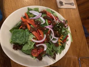 Garden salad with tons of added veggies  at Flatbread Company in North Conway