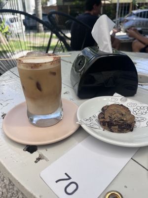 Vegan cookie and cappuccino with vegan milk  at Messkla in Florianopolis