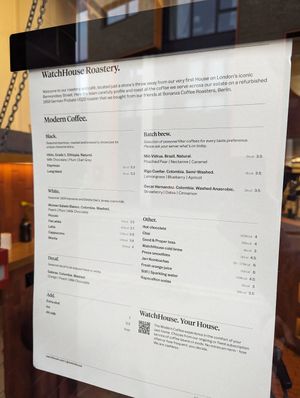 Menu at WatchHouse Roastery in South East London