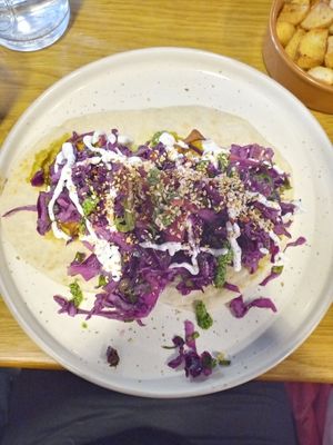 Aubergine fritter flatbread, heavy on the unseasoned raw cabbage at Orso Kitchen & Bar in Cork