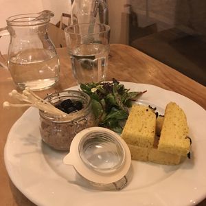 Mushroom pâté with focaccia bread at Plevel in Prague