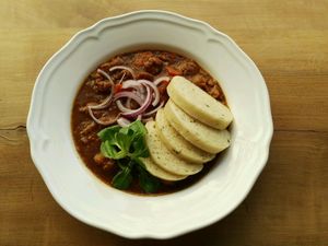 vegetable goulash with dumpling at Plevel in Prague