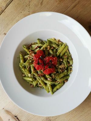 Penne with basil pesto and walnuts at Plevel in Prague