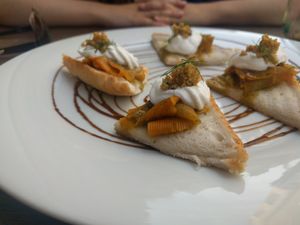 Starter: "smoked salmon" and "caviar" on a toast at Plevel in Prague