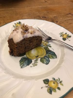 very small portion of carrot cake at Plevel in Prague