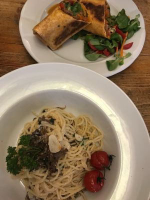 pasta with cashew cream, burrito at Plevel in Prague