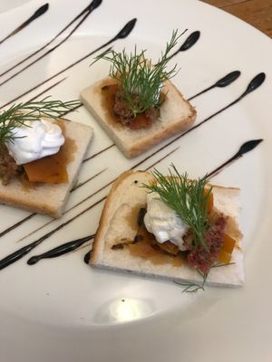 cracker with carrot “salmon” & “caviar” was so delicious but wish there was more! at Plevel in Prague