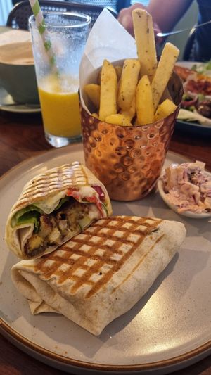 Vegan falafel wrap with coleslaw and chips at Mortimer Bistro in Reading