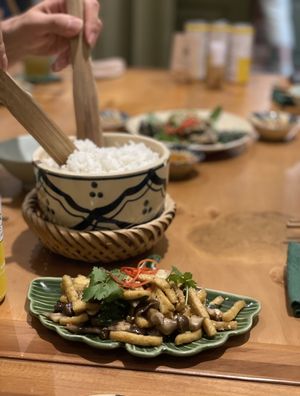 Fried tofu and stir fried mushrooms with rice. So pretty, simple and yummy  at Du Du Xanh in Ho Chi Minh City