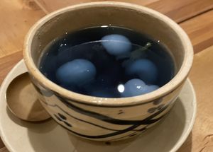 This was quite interesting. Butterfly pea flower tea soup(?) and lychee fruits in it.   at Du Du Xanh in Ho Chi Minh City
