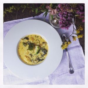 Broccoli and couliflower soup with coconut milk and sesame seads. at Estrella in Prague