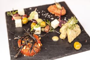 Mezze - sun dried tomato tapenade, red lentils paté, eggplant tartar at Estrella in Prague