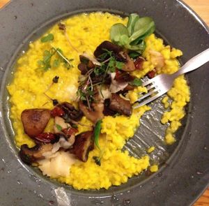 Saffron Risotto with Portobello mashroom, truffles oil and micro leaves. at Estrella in Prague