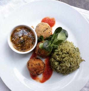 Dill rice with Arancini and lime sauce. at Estrella in Prague