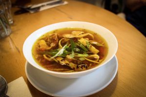 saffron soup with spring vegetables  at Estrella in Prague