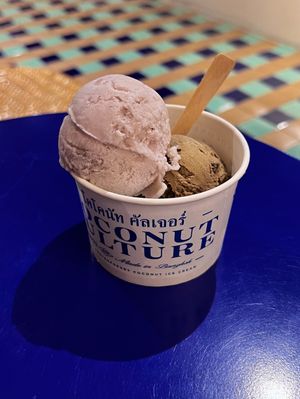 Taro and Hojicha scoops  at Coconut Culture in Bangkok