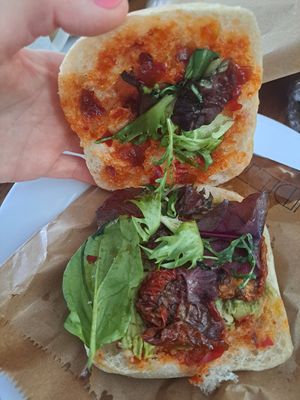 Avocado, sundried tomato and salad roll (and sweet chilli sauce I think) at Yonder   in Keswick