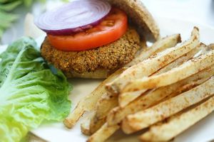 Black Bean Oat Burger with Fries at Little Green Forks in Duarte