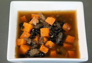 Black Bean Sweet Potato Soup at Little Green Forks in Duarte