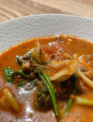 Tomato Chili Lentil Stew with orecchiette pasta.  at Monk's Butcher - Dosan in Seoul