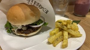 Avocado teriyaki burger with friesd  at Earthful Cafe Tokyo in Tokyo