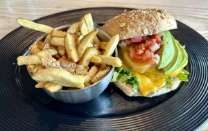 Veganator - Beyond patty with avo, beet, salsa, and cheese.  at Romers   in North Vancouver
