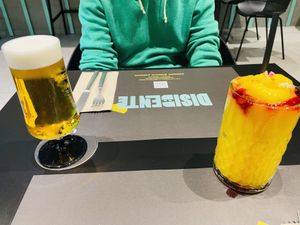 Brutus beer and mango hibiscus lemonade  at Disidente Restaurante Vegetariano in Valencia