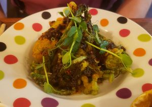 Various flowers and veggies as tempura "Khodra" at La Cuisine de Souad in Pantin