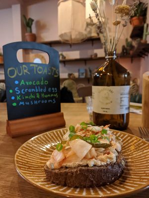 Homemade Kimchi and Hummus toast at Blue Zone Espresso in Haarlem