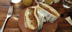 Cebolla dream, Beyond steak, fresh onions, fried onions, pickled onions, runny cheddar, San Marzano tomatoes, secret sauce, mayo.
 at Les Tontons Veg - Paradis in Paris