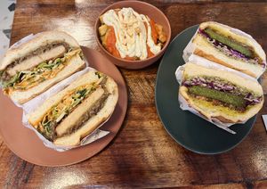 Tonton Katsu, Patatas bravas, Teta burger  at Les Tontons Veg - Paradis in Paris