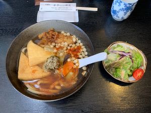Udon noodles with tofu , alongside salad for lunch   at Kinatei 喜菜亭 in Nara