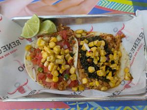 Tofu sofritas tacos with pineapple salsa (left( and chimichurri (right) at Renegado Tacos and Margaritas in Denver