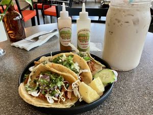 Tacos al pastor and a giant horchata  at La Jacka Restaurant in Fresno