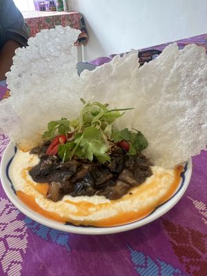 Whipped tofu with adobo mushrooms served with crispy rice crackers   at Yes Lah in Manchester