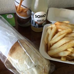 Meals and chips. they also do onion rings. at Falafel Factory in South Yarra