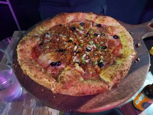 No meat lovers pizza (one of 2 choices) at Marcello's Plant Based Pizza in Cabo San Lucas