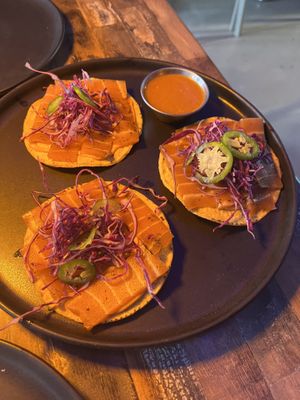 Tostadas de Notuna. Amazing!  at Marcello's Plant Based Pizza in Cabo San Lucas