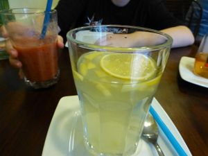 Ginger-lemon tea and shake made of banana, strawberry and apple at Govinda in Warsaw